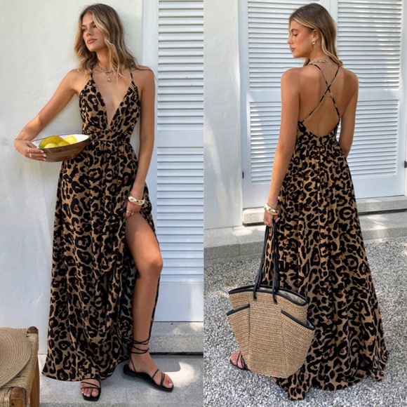 Rouge! Dresses & Skirts - Backless Cheetah Maxi Dress Criss Cross V-Neck